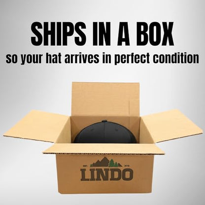 LINDO Trucker Hat [ Great Outdoors Design ] for Men and Women: Mid Profile Cap with Breathable Mesh Back and Adjustable Snap - color: Black