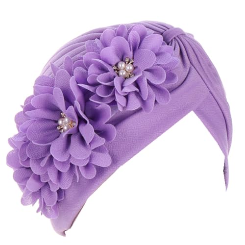 Flower Pre-Tied Turban Beanie, Soft Chemo Cap for Women Cancer Hair Loss - color: Light Purple