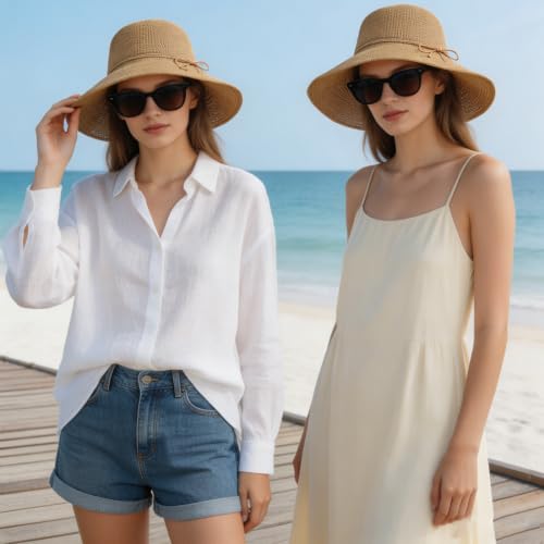 Straw Bucket Hats for Women Beach Sun Hat Foldable Packable Handmade Sun Protection Floppy Travel - color: Khaki-brim3.9"