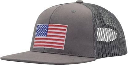 Men Flat Bill USA Flag Mesh Hat Fits OSFM&XXL Head | Snapback Trucker Cap | 250th US Anniversary Veterans Memorial Day Gifts - color: Dark Grey, size: Medium-Large