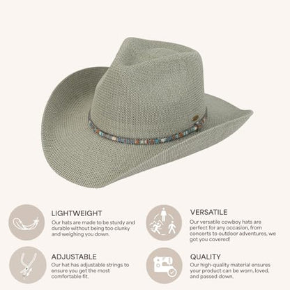 C.C Knitted Cowboy Hat for Women Lightweight Woven Western Hat with Multicolor Trim Band, Wide Brim Summer Sun Hat - color: Sage