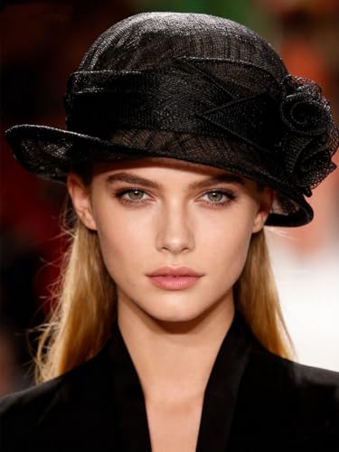 HIMESPORT Retro Sinamay Veil Flower Bride Wedding Fascinator Hat Feather Bowler Hat Hair Accessory Banquet Cocktail Party - color: Black