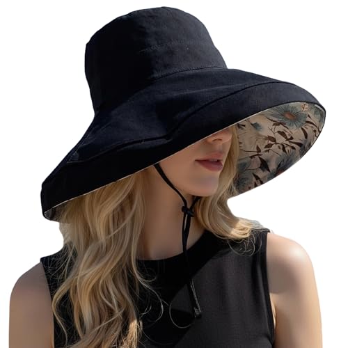 Women Bohemian Reversible Sun Hat Wide Brim Fishing Hats - color: Black Boho Print