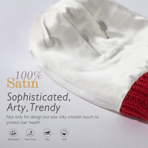 TOP-EX Icelandic Wool Slouchy Beanie for Women Silk Satin Lined with Faux Fur Pom Chunky Knit Warm Womens Winter Hat for Cold Weather Red