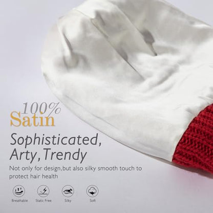 TOP-EX Icelandic Wool Slouchy Beanie for Women Silk Satin Lined with Faux Fur Pom Chunky Knit Warm Womens Winter Hat for Cold Weather Red