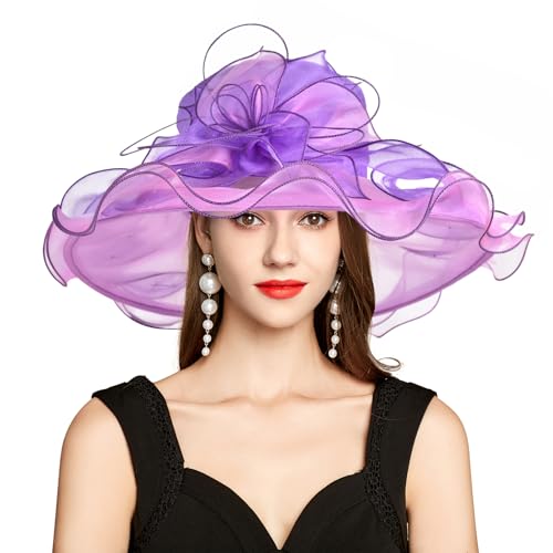 2026 Derby Hats for Women Ladies, Classy Organza Sun Hat, Church Tea Party Wedding Kentucky Fascinator Hat - color: 1j-2462-light Purple