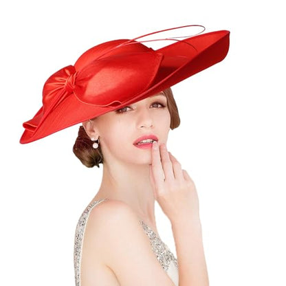 Big Wide Brim Fascinator Hats for Women Ladies Kentucky Tea Party Dress Flat Top Fedoras Hat with Bow Feather - color: Red 1