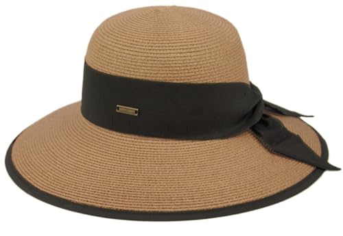 Women’s Panama Hat – Wide Brim Straw Sun Hat, Lightweight Breathable Summer Beach Hat with Ribbon Bow for Travel Vacation - color: Lt Brown