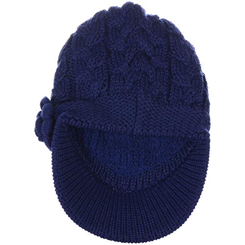 BYOS Womens Winter Chic Cable Warm Fleece Lined Crochet Knit Hat W/Visor Newsboy Cabbie Cap - color: Cable W/ Flower Navy