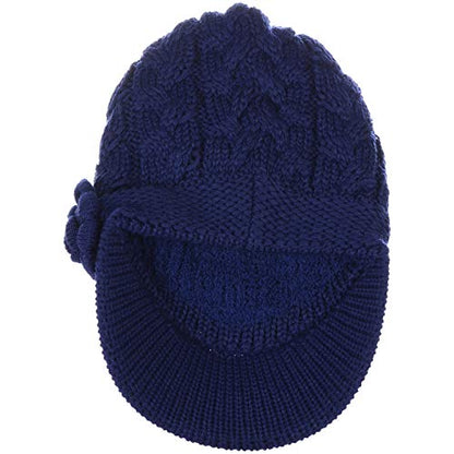 BYOS Womens Winter Chic Cable Warm Fleece Lined Crochet Knit Hat W/Visor Newsboy Cabbie Cap - color: Cable W/ Flower Navy