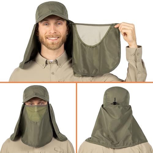 SUN CUBE Fishing Sun Hat with Neck Flap & Face Cover, Wide Brim UPF50+ Cap - color: Olive