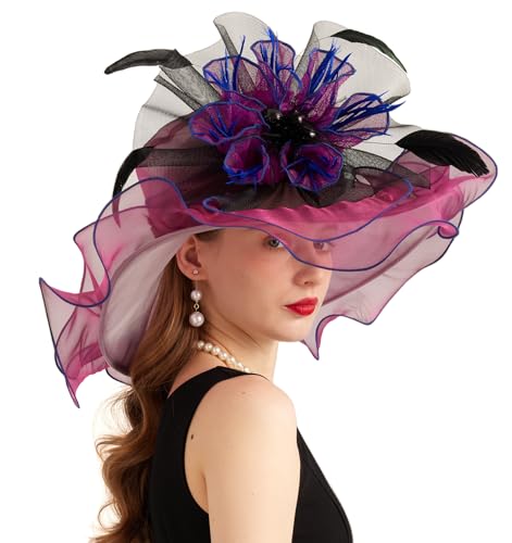 ORIDOOR Women Hats Headband Hairpin Organza Fascinator Church Hat Floral Tea Party Wedding Hat - color: 007 Fuchsia