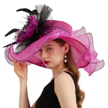 Women Organza Church Derby Hat Wide Brim Sun Caps for Wedding Tea Party Hat with Detachable hat Flower as Headgear - color: 11-rose Red
