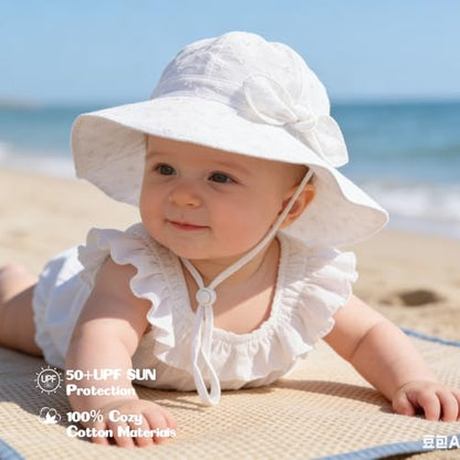 Baby Girl Sun Hat with UPF 50+ Outdoor Adjustable Beach Hat with Wide Brim Bucket Hats - color: Beige White, size: 6-12 Months