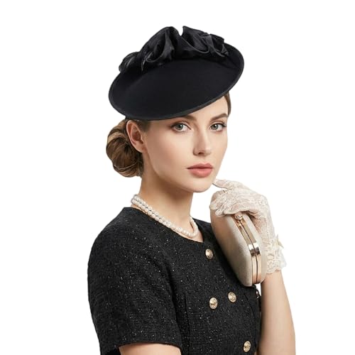 Women's Fascinators Wool Felt Pillbox Hat For Church Derby Party Wedding - color: Black, size: Small-Medium