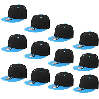 Falari Wholesale 12 Pack Snapback Hat Cap Hip Hop Style Flat Bill Blank Solid Color Adjustable Size - color: 12-pack Black/Turquoise