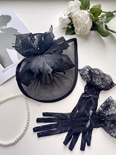 GurZinn Fascinator Hat Veil Feather Fascinator Tea Party Bridal Wedding Veil Pillbox Hat - color: Black Hat&glove