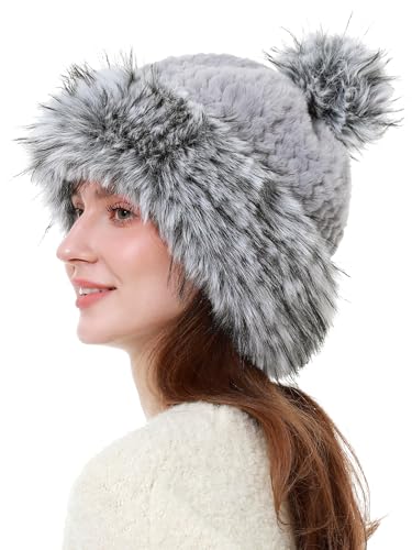 sy soul young Women's Faux Fur Hats with Pompom Warm Knit Beanie Skull Hat - color: Grey