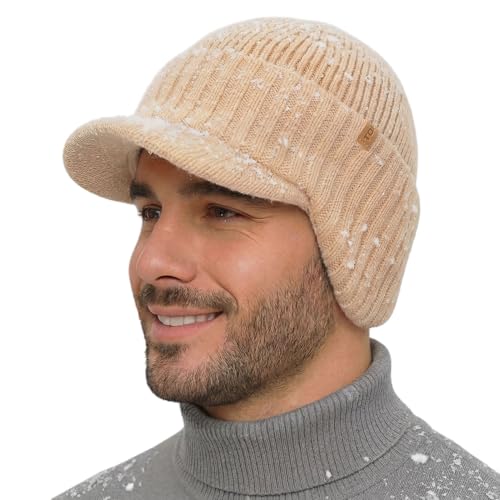 TOP-EX DryKnit™ 80% Merino Wool Waterproof Warm Brim Beanie with Ear Flaps - color: Beige, size: X-Large-XX-Large