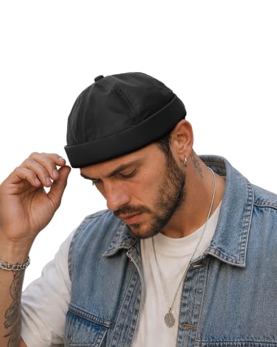 Clakllie Quick Dry Brimless Docker Cap for Men Summer Beanie Sailor Skullcap Lightweight Waterproof Adjustable No Brim Hat - color: S-ct81-black