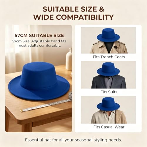 Black Flat Top Fedora Hat, Wool Blend Derby Cap Classic Formal Hat for Events & Daily Wear - color: Blue