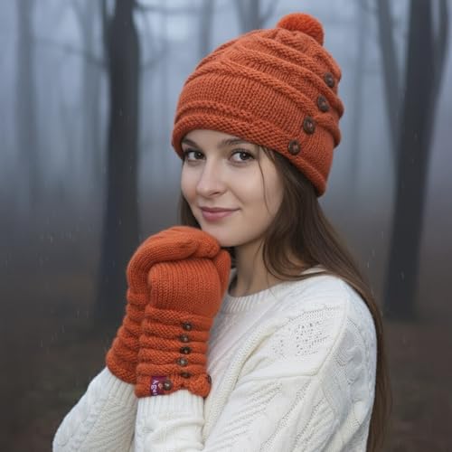 Agan Traders Women's 2026 Winter Mitten Hat Warm Fleece Lined Oversized Thick Chunky Slouchy From Nepal - color: Rust Multi