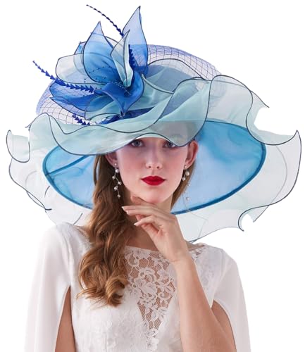 ORIDOOR Women Hats Headband Hairpin Organza Fascinator Church Hat Floral Tea Party Wedding Hat - color: 003b Blue&royal Blue