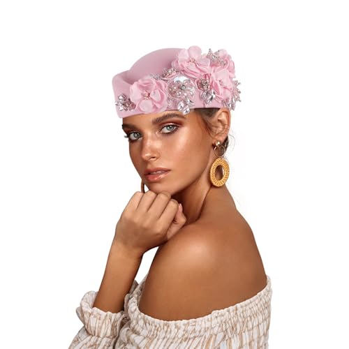 Beret Hats for Women British Felt hat Women's Church Derby Headdress Women's Floral hat Suitable for Wedding Parties Events - color: Pink