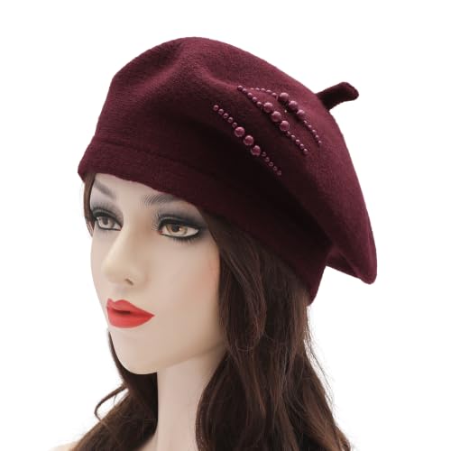 ZLYC Women French Beret Hat Winter Knitted Stretchable Beret Artist Cap - color: Side Pearls Burgundy