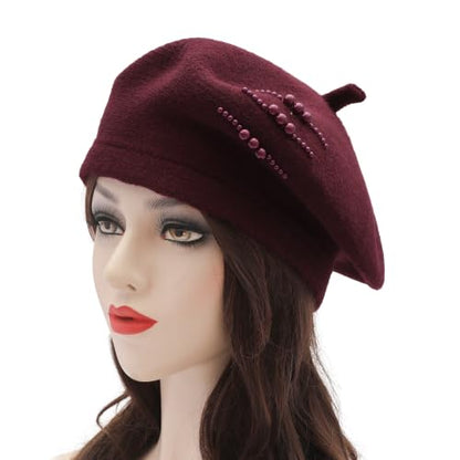 ZLYC Women French Beret Hat Winter Knitted Stretchable Beret Artist Cap - color: Side Pearls Burgundy