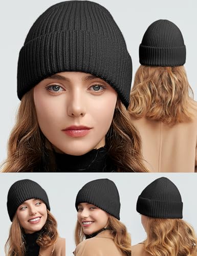 vidsel 50% Wool Thick Beanie Hat Men Women, Seamless Cuffed Winter Knit Cap - color: 1pcs Black