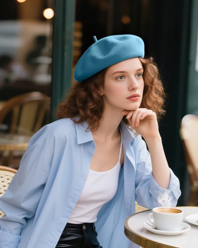 French Beret Hats for Women - Wool Solid Color Beanie Cap - color: Lake Blue