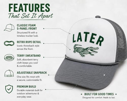 Later Gator Trucker Hat for Men & Women Funny Foam Front Classic 5 Panel Snapback - color: White/Black