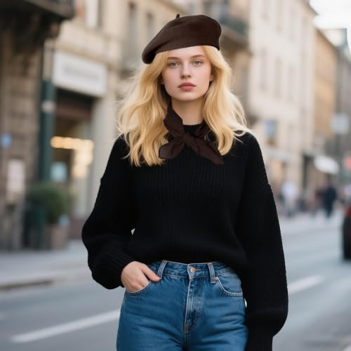 Classic Beret Hats for Women French Beret Hats Costume Accessories Painter Artist Cap with Scarf - color: Coffee