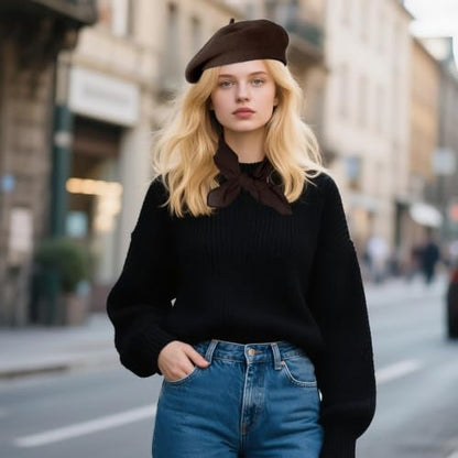 Classic Beret Hats for Women French Beret Hats Costume Accessories Painter Artist Cap with Scarf - color: Coffee