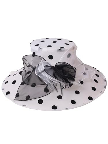 Organza Kentucky Dots Fascinator Hat for Women Ladies Wide Brim Big Sun Hats Wedding Church Hat Derby Cap - color: White and Black