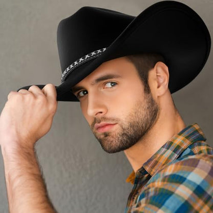 Chicingyou 2 Pcs Western Cowboy Hats for Women and Men Classic Wide Brim Felt Hats for Cowboys and Cowgirls Accessories - color: Black, Camel