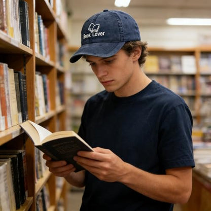 Embroidered Book Lover Baseball Cap for Men Women, Funny Washed Cotton Classic Dad Hat, Reading Lover Gift Idea - color: Book Lover, Navy Blue