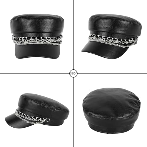 Women Metal Chain Flat Top PU Leather Newsboy Paperboy Hat Painter Cap - color: Chains Black