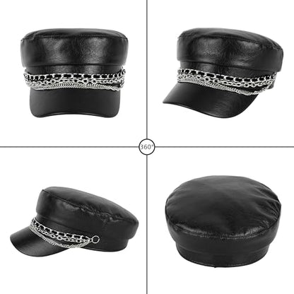 Women Metal Chain Flat Top PU Leather Newsboy Paperboy Hat Painter Cap - color: Chains Black