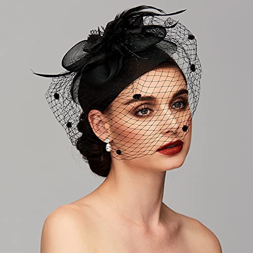 Tea Party Hat Fascinators Hats for Women Vintage Lace Mesh Floral Feather Hair Clip Headband with Veil for Church Wedding - color: Black