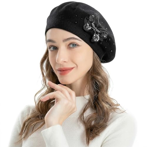 ZLYC Women French Beret Hat Reversible Solid Color Mosaic Warm Artist Cap - color: Butterfly Black
