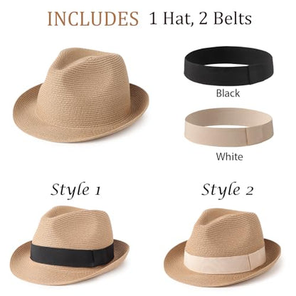 DRESHOW Women Straw Panama Hat Travel Fedora Beach Sun Hat Summer Wide Brim Straw Roll up Hat UPF 50+ - color: 1 Pc Roll Up Hat: Khaki + 2 Replaceable Bands