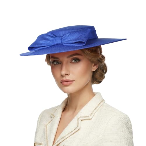 Fascinators Women Wide Brim 20s 50s Derby Pillbox Hat Bowknot Cocktail Tea Party Church Dress Hats - color: Royal