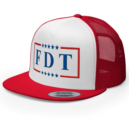 NX FDT Embroidered Flat Bill Trucker Hat High Crown Adjustable FDT Hat - color: Red/ White/ Red