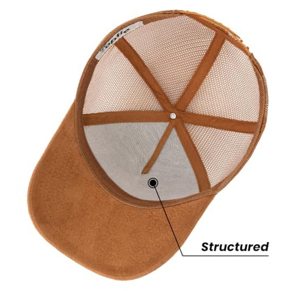 TopTie Suede Mesh Baseball Cap, Breathable Snapback Trucker Cap, 5-Panel Unisex Adjustable Sports Hat for Outdoor - color: Brown