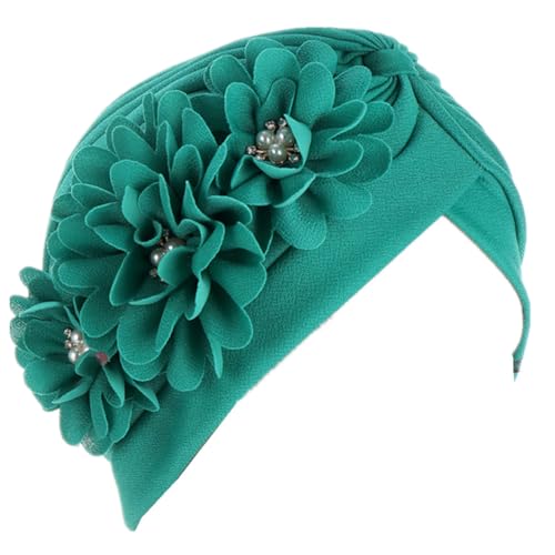 Flower Pre-Tied Turban Beanie, Soft Chemo Cap for Women Cancer Hair Loss - color: Teal