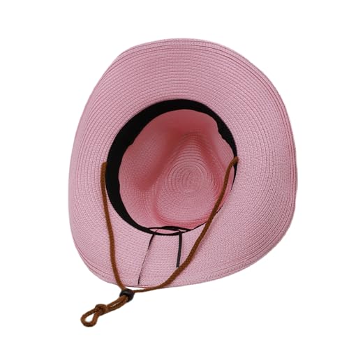 Straw Cowgirl Hat for Women Cowboy Hats for Men Wide Brim Sun Hat Shapeable Western Hat Beach Hat - color: Pink