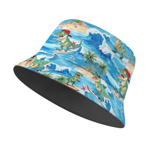 Amasnay Neon Bucket Hat Cotton Double-Side-Wear Reversible Sun Hat for Women Men, Summer Vacation Travel Beach Fisherman Hat - color: Cool Surfing Dinosaur