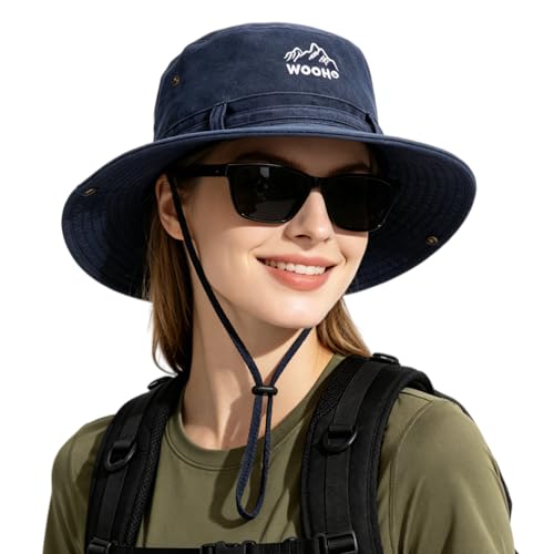 WOOH Sun Hats for Women,UPF80+ Wide Brim Summer Bucket Hat with Adjustable Drawstring,Packable Outdoor Hat for Beach Hiking - color: Navy Blue